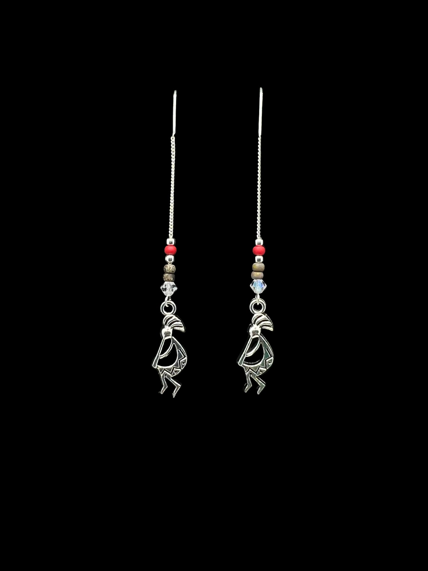 Kokopelli U-Shaped Thread Silver Earrings