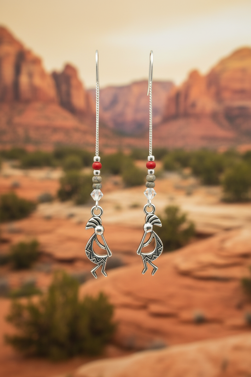 Kokopelli U-Shaped Thread Silver Earrings