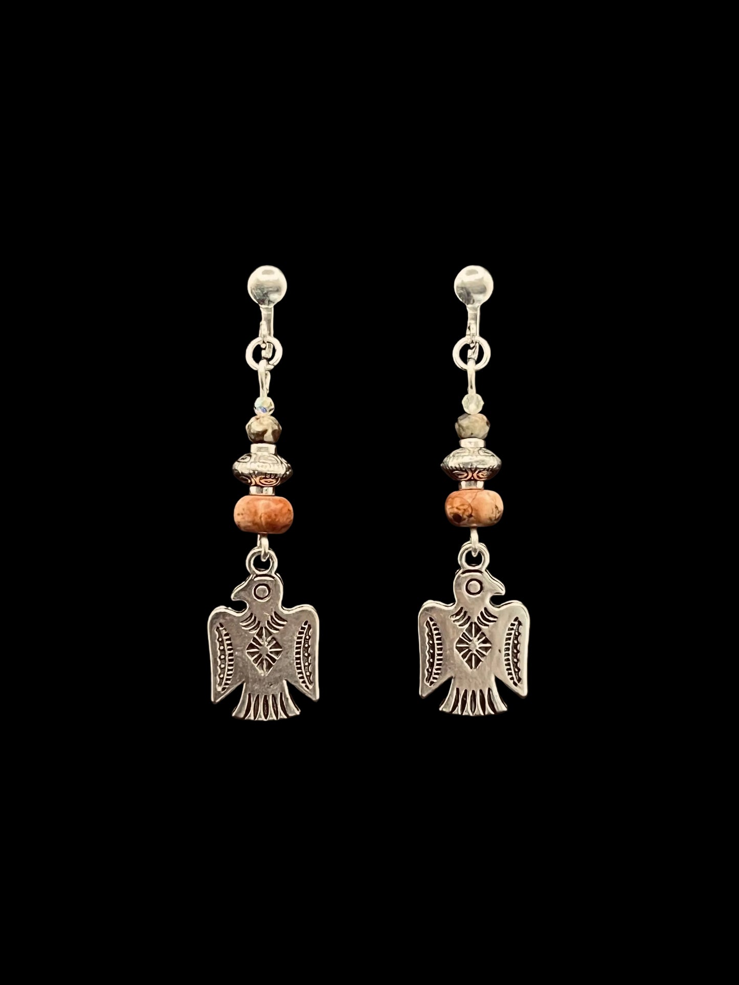 Silver Thunderbird Picture Jasper Clip-on Earrings