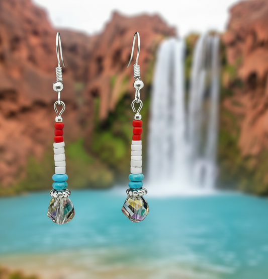 Crystal, Turquoise, Coral & White Heishi Shell Beaded Earrings