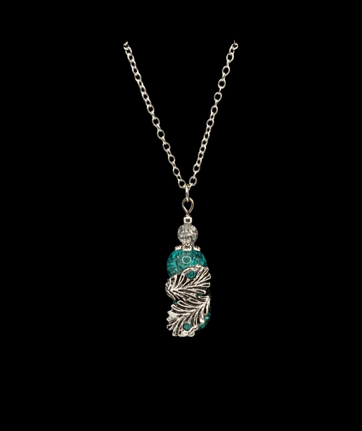 Feather Wrapped Blue Shattered Glass Pendant Necklace