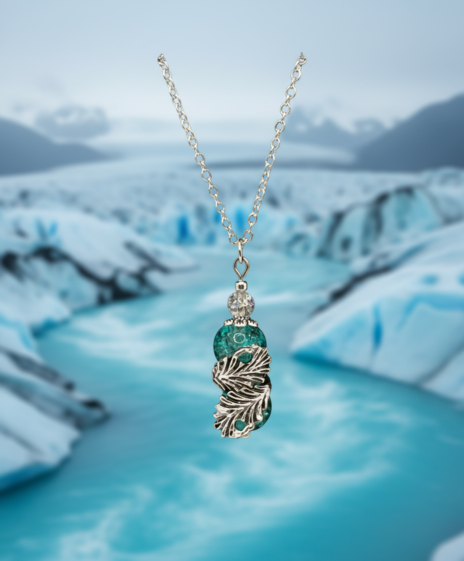 Feather Wrapped Blue Shattered Glass Pendant Necklace