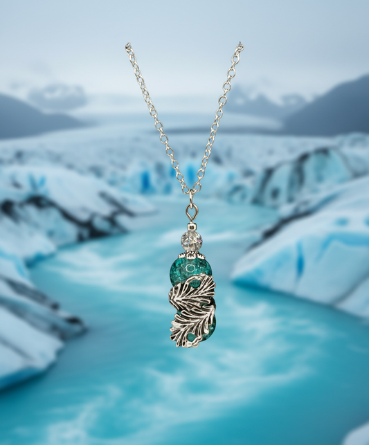 Feather Wrapped Blue Shattered Glass Pendant Necklace