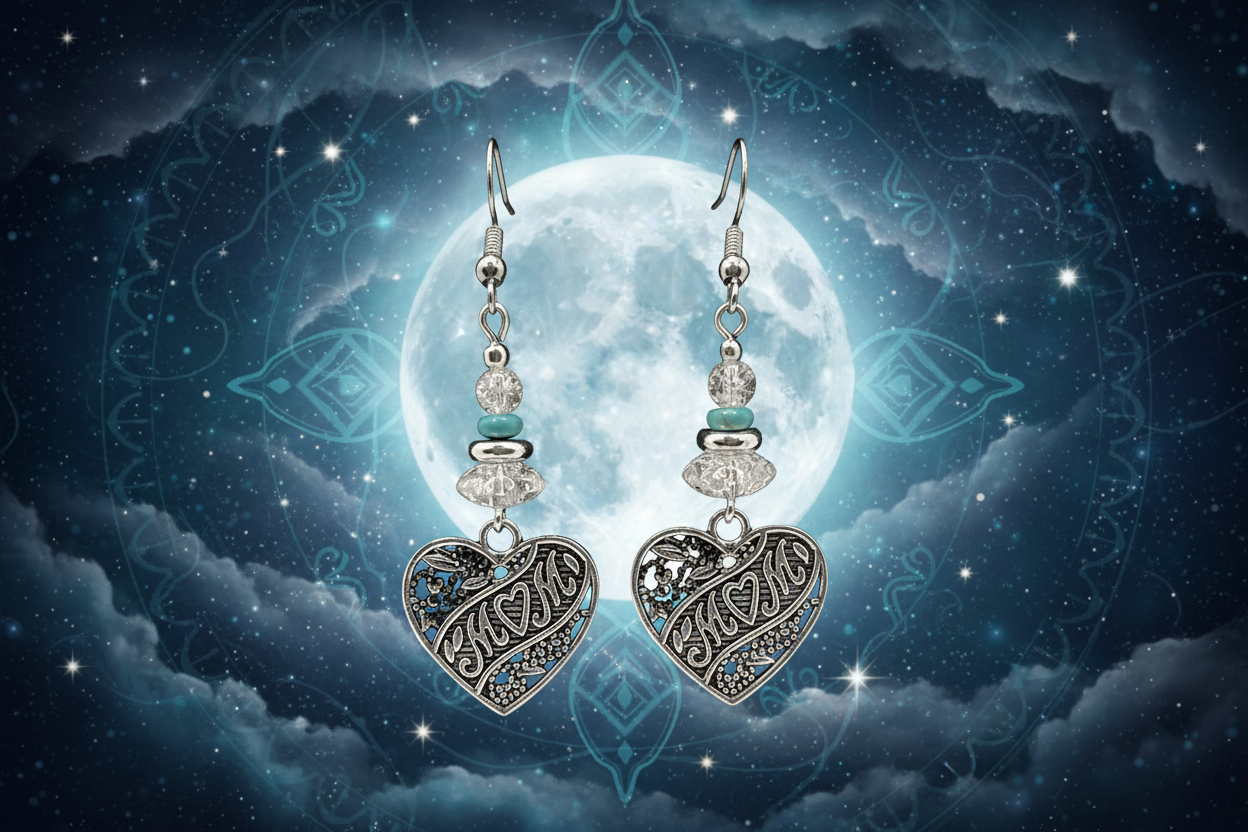 Mom Heart Turquoise and Shattered Glass Earrings