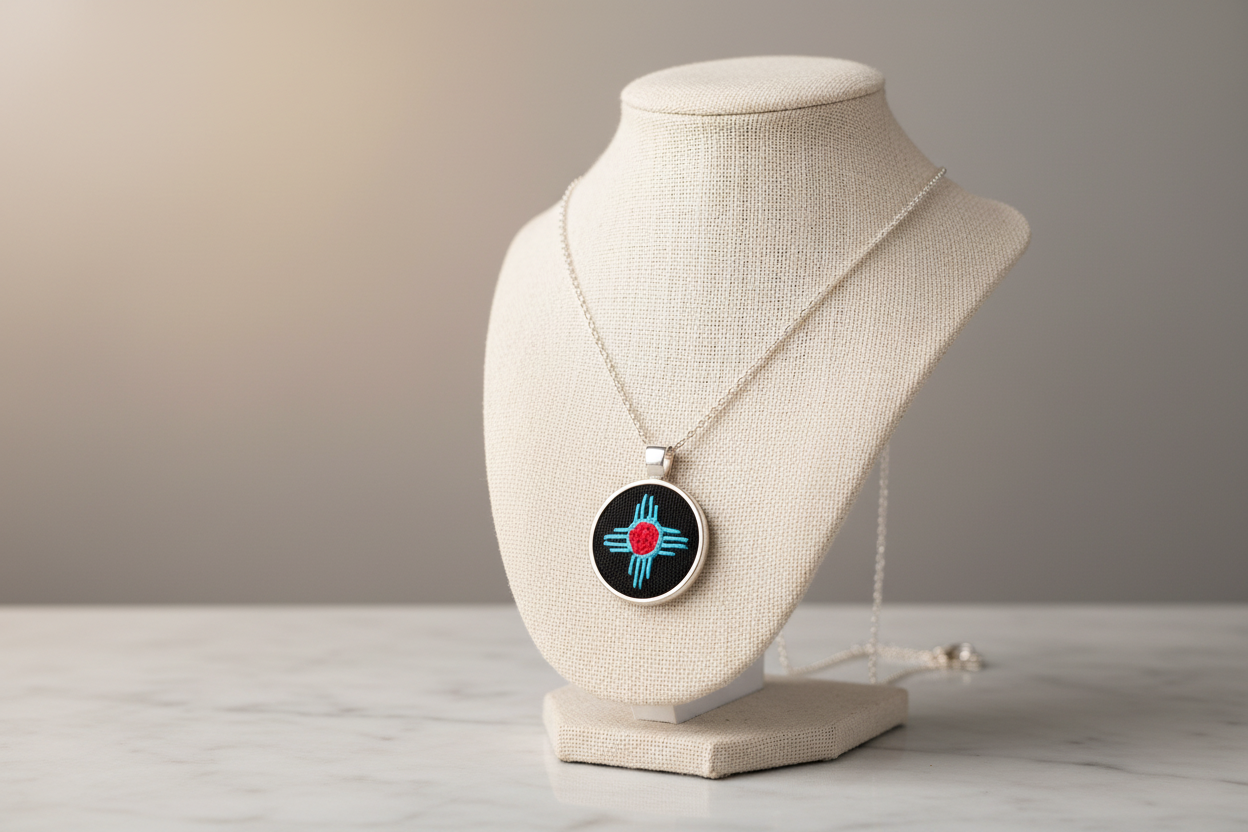 Zia Symbol Embroidered Silver Pendant (Turquoise & Red)