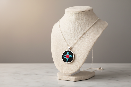 Zia Symbol Embroidered Silver Pendant (Turquoise & Red)