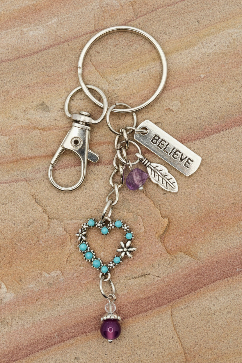 Turquoise Heart & Believe Key Chain w/ Lobster Clasp