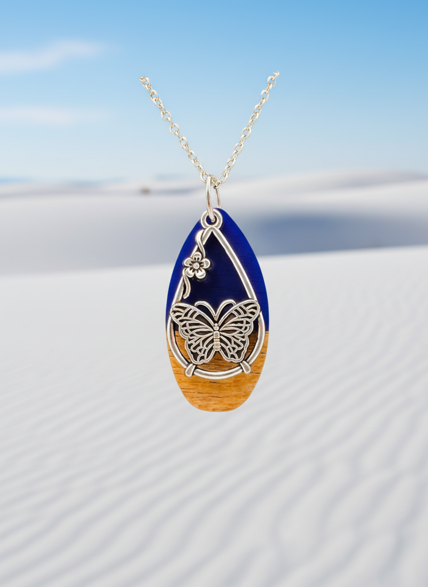 Butterfly Epoxy/Wood Pendant Necklace