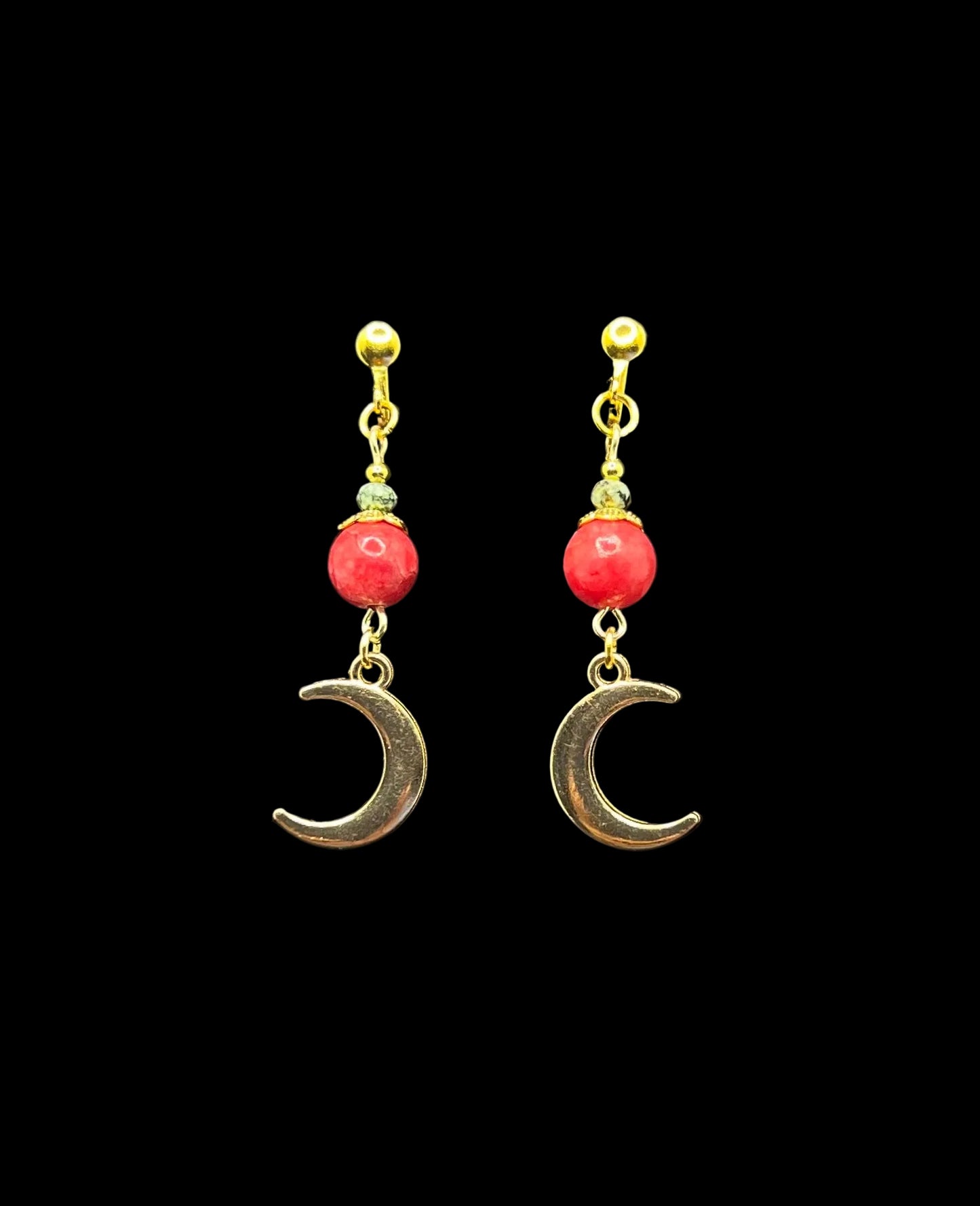 Gold Crescent Moon & Rhodonite Gemstone Clip-on Earrings