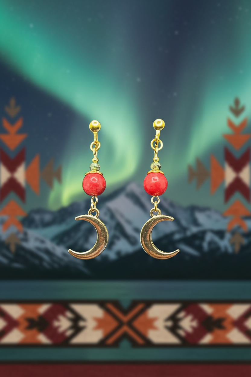 Gold Crescent Moon & Rhodonite Gemstone Clip-on Earrings