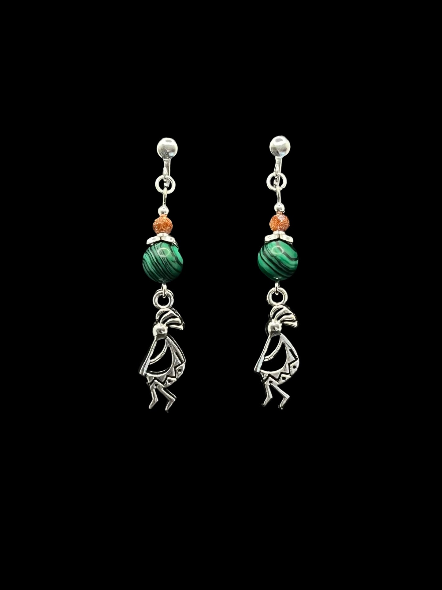 Silver Kokopelli & Malachite Clip-on Earrings