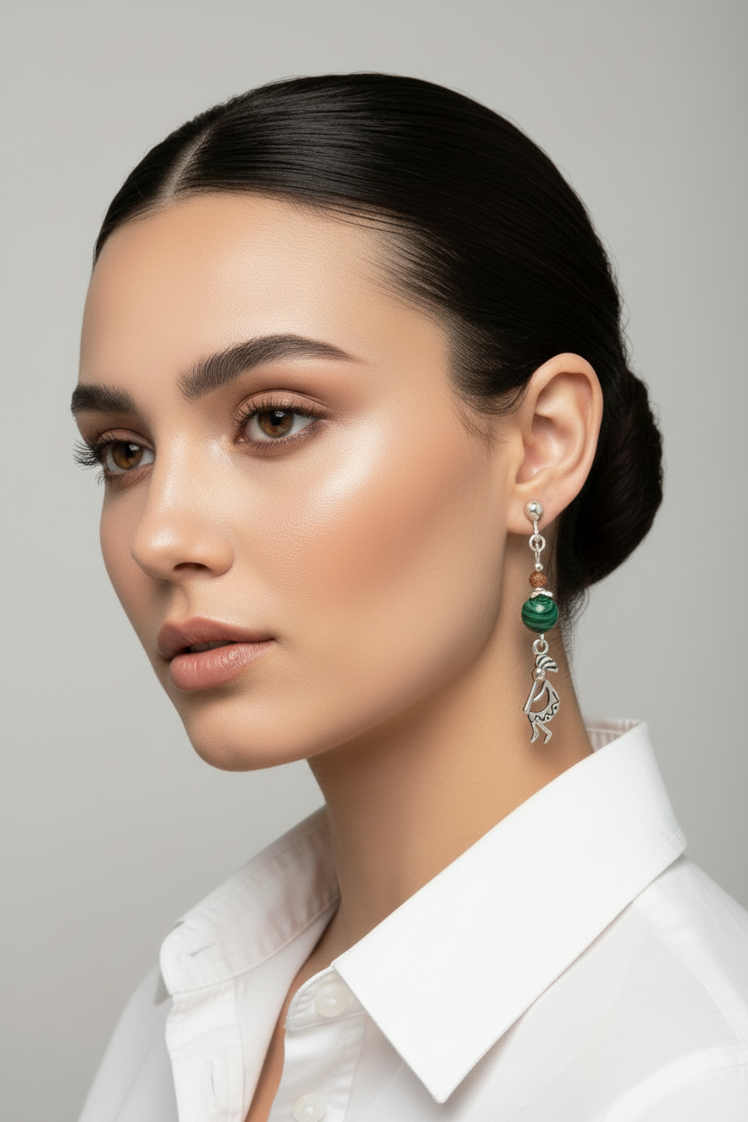 Silver Kokopelli & Malachite Clip-on Earrings