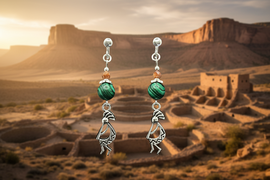 Silver Kokopelli & Malachite Clip-on Earrings