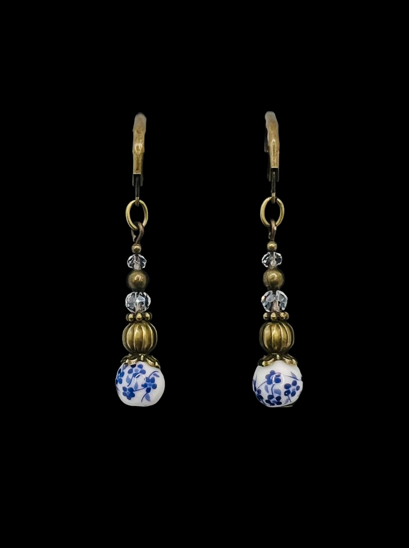 Blue & White Porcelain Lever-Back Bronze Earrings