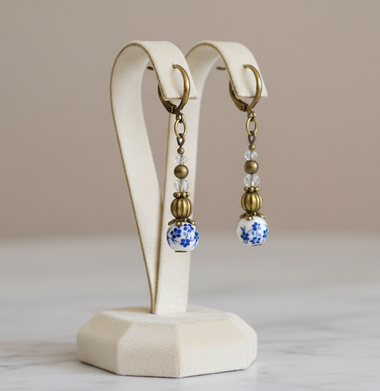 Blue & White Porcelain Lever-Back Bronze Earrings
