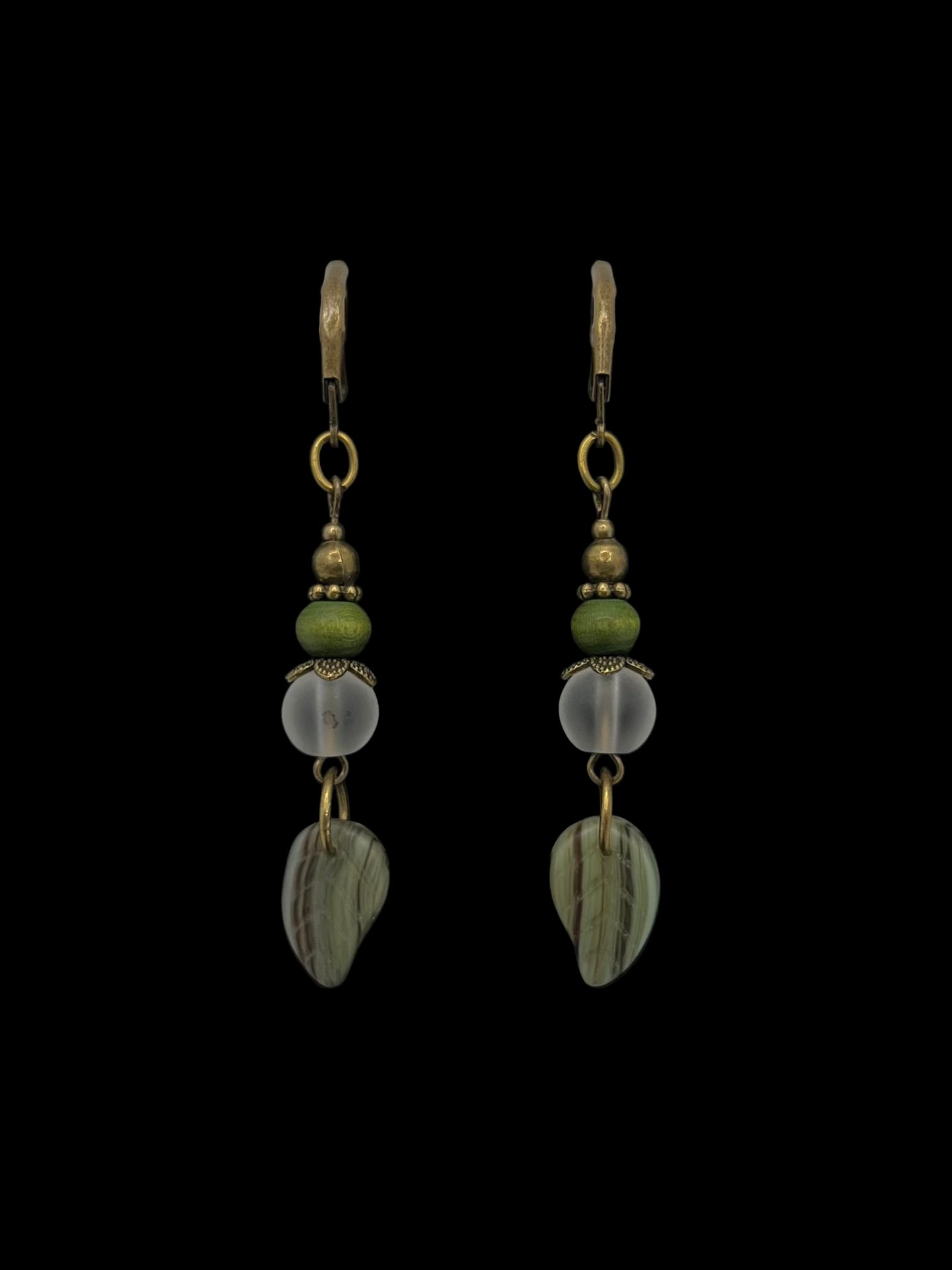 Green Striated Leaf Lever-Back Earrings (Bronze)