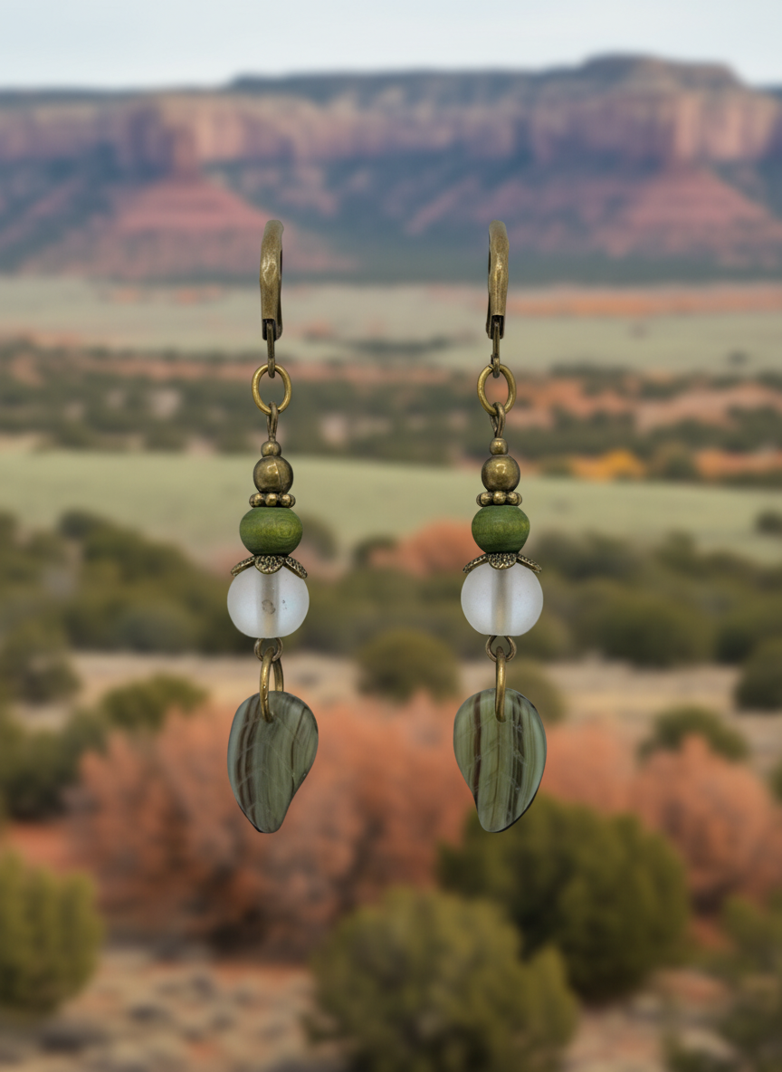 Green Striated Leaf Lever-Back Earrings (Bronze)