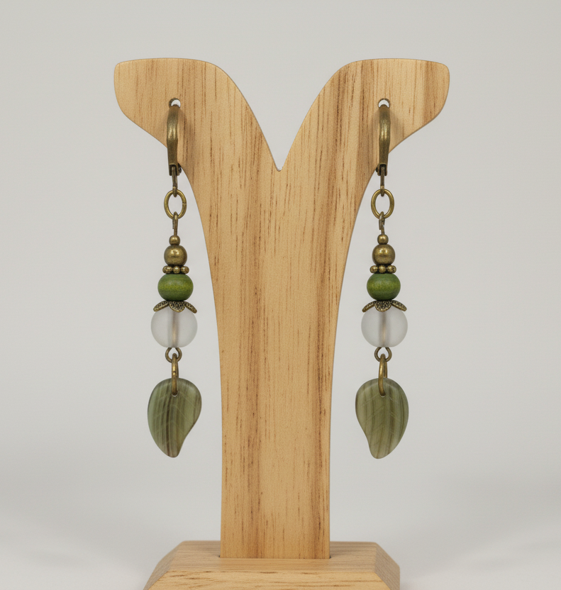 Green Striated Leaf Lever-Back Earrings (Bronze)