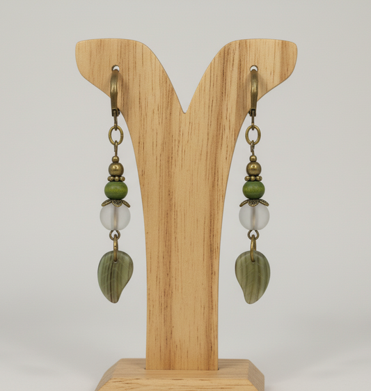 Green Striated Leaf Lever-Back Earrings (Bronze)