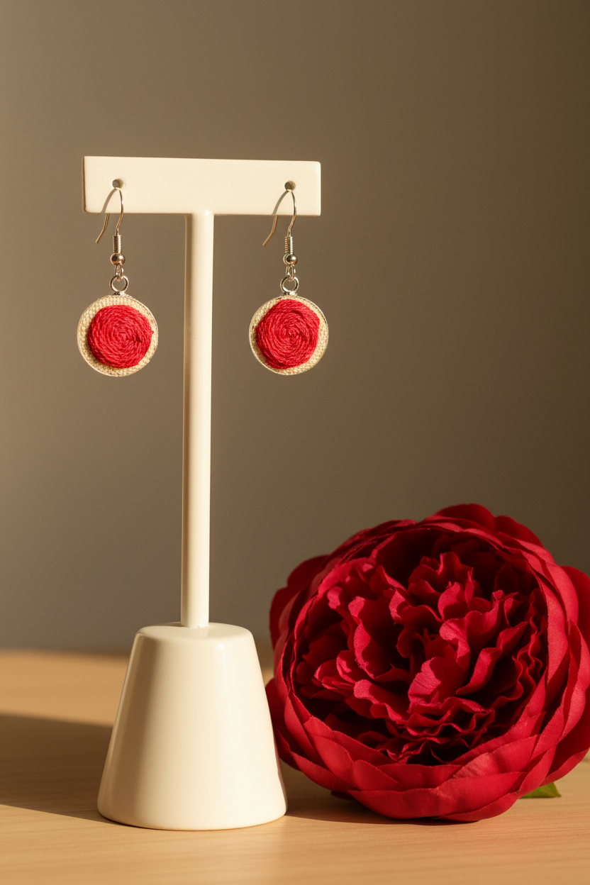 Embroidered Red Peony Earrings