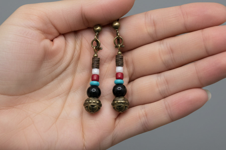 Bronze Clip-on Earrings w/Turquoise, Coral & a mix of Brown & White Heishi Shell