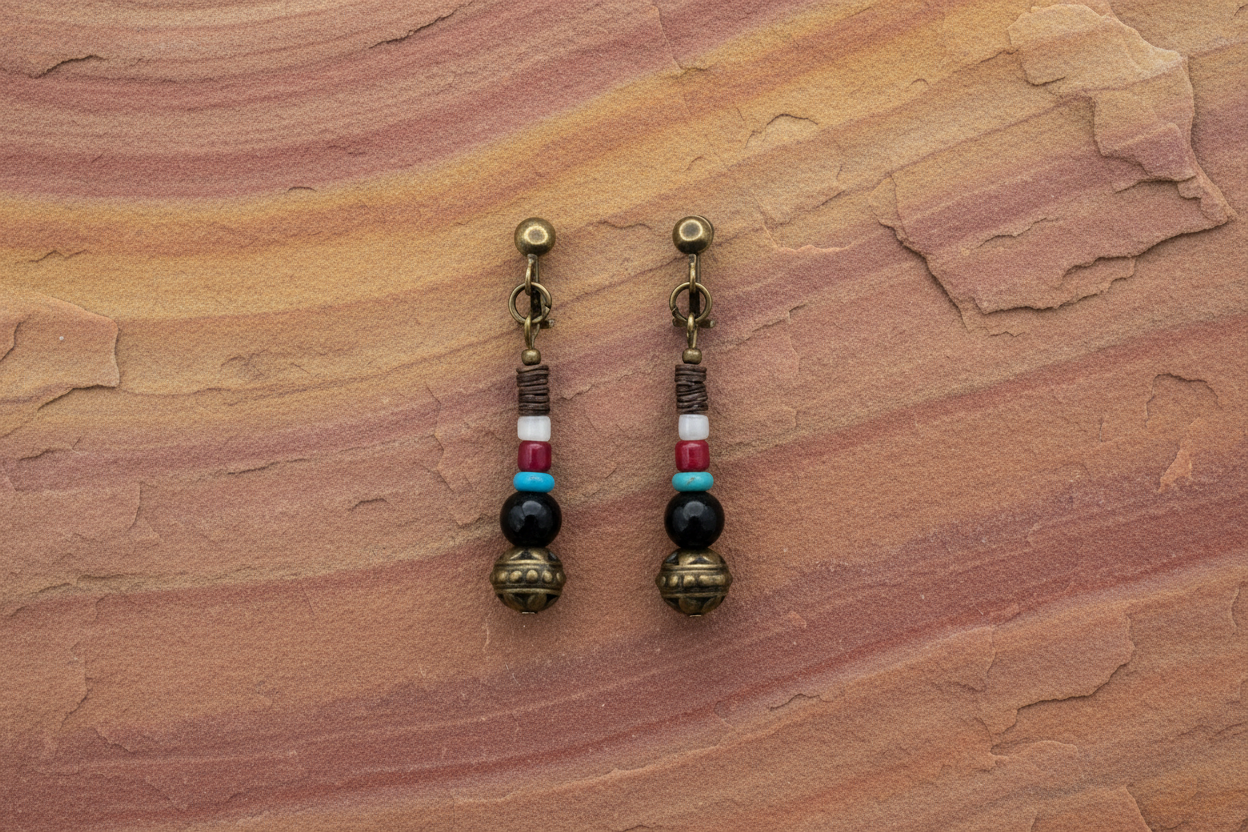 Bronze Clip-on Earrings w/Turquoise, Coral & a mix of Brown & White Heishi Shell
