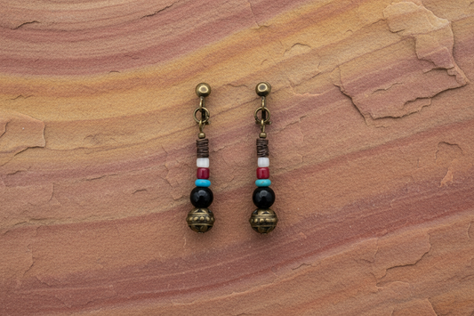 Bronze Clip-on Earrings w/Turquoise, Coral & a mix of Brown & White Heishi Shell