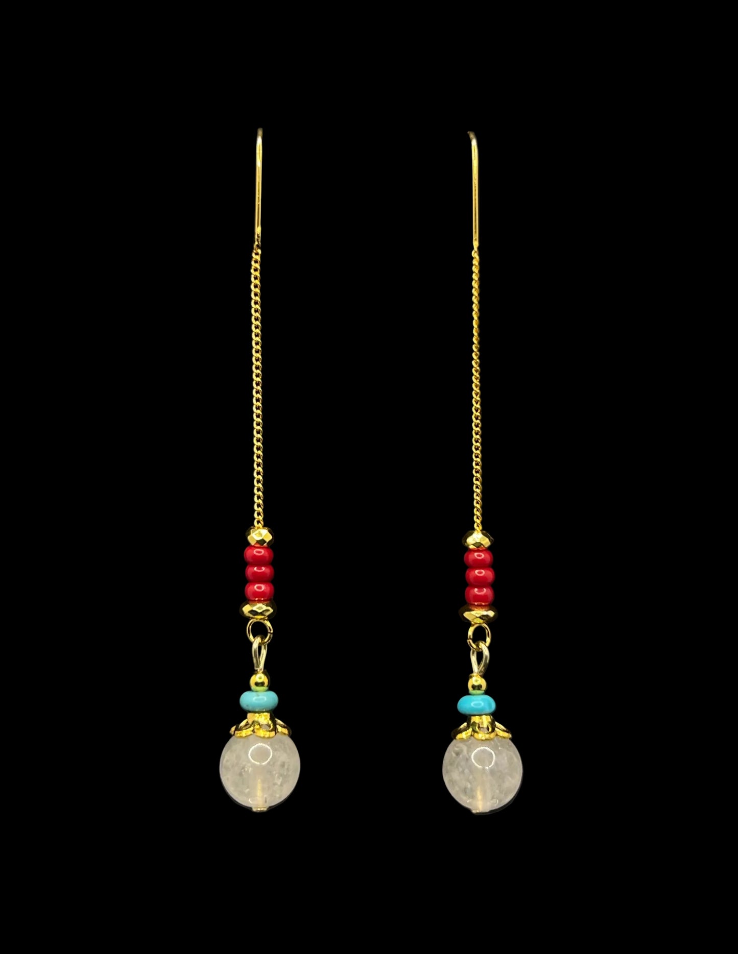Gold U-Shaped Quartz, Turquoise  & Coral Colored Beaded Thread Earrings