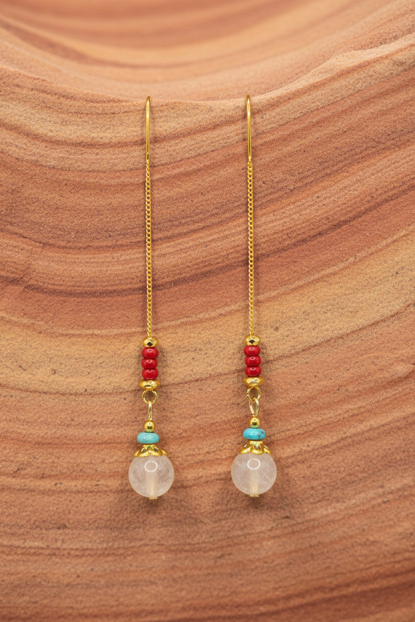 Gold U-Shaped Quartz, Turquoise  & Coral Colored Beaded Thread Earrings