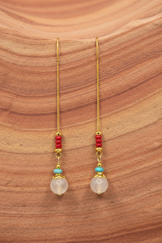 Gold U-Shaped Quartz, Turquoise  & Coral Colored Beaded Thread Earrings