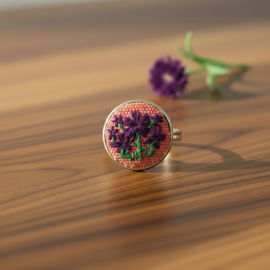 Embroidered Flower Bronze Ring (Adjustable)