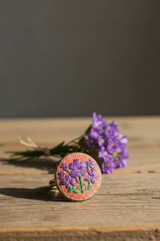 Embroidered Flower Bronze Ring (Adjustable)