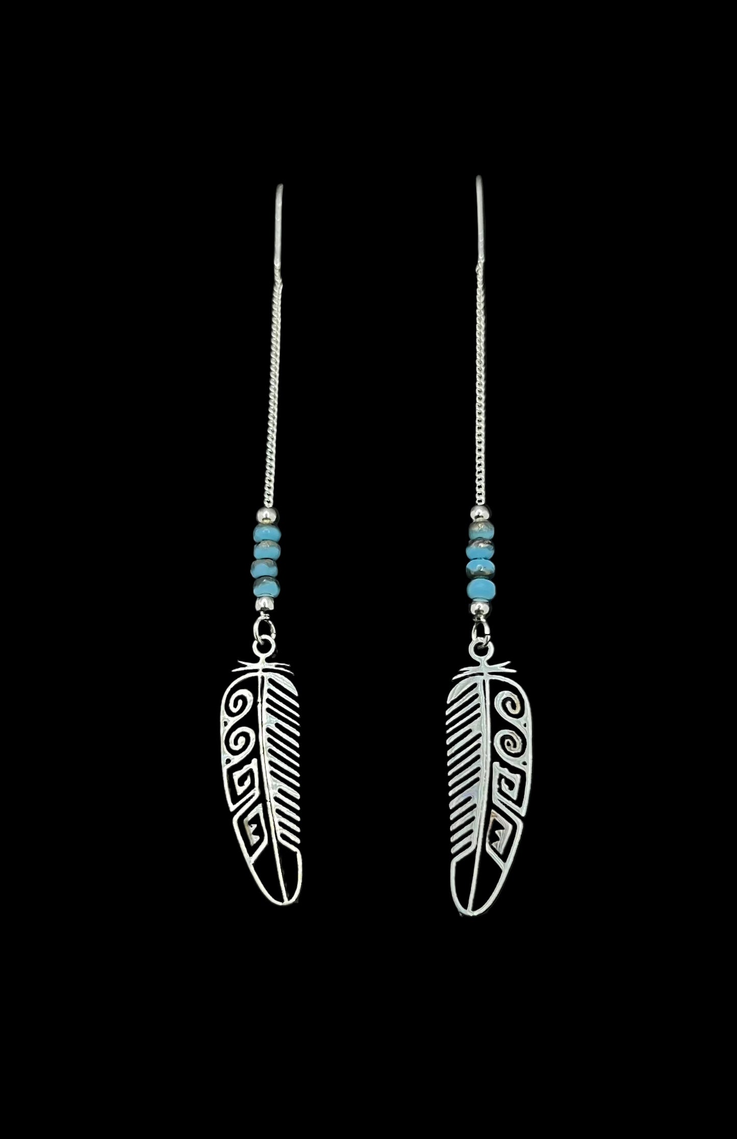 Silver Feather & Turquoise U-Shaped Thread Earrings