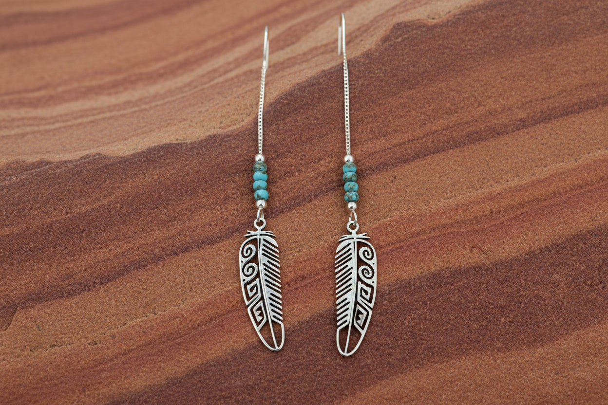 Silver Feather & Turquoise U-Shaped Thread Earrings