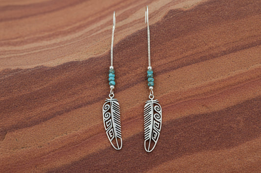 Silver Feather & Turquoise U-Shaped Thread Earrings