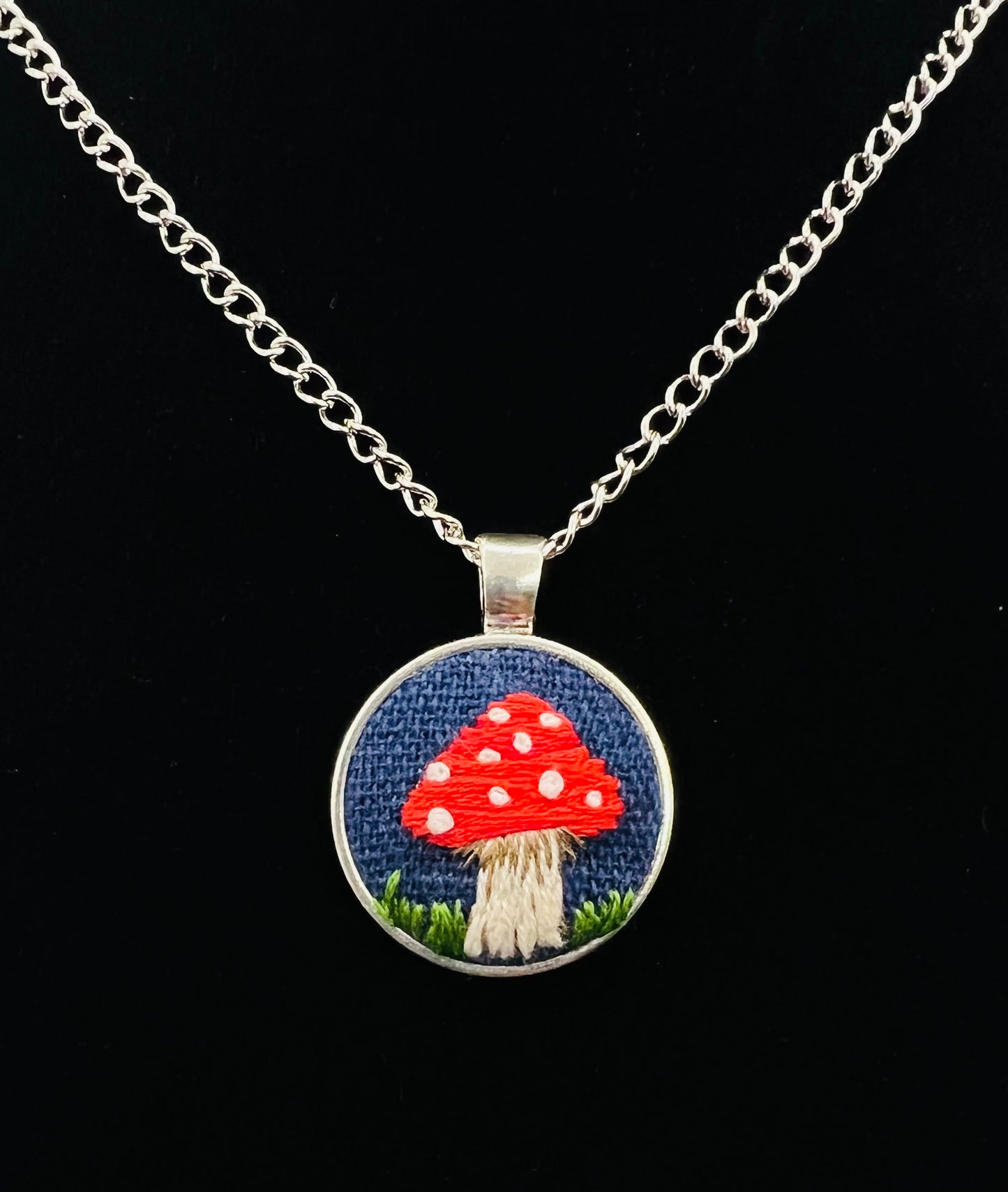 Red Mushroom Embroidered Silver Pendant