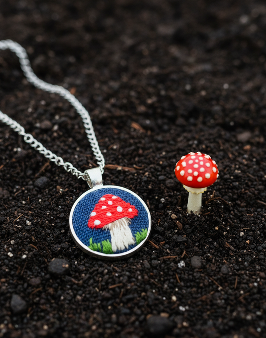 Red Mushroom Embroidered Silver Pendant