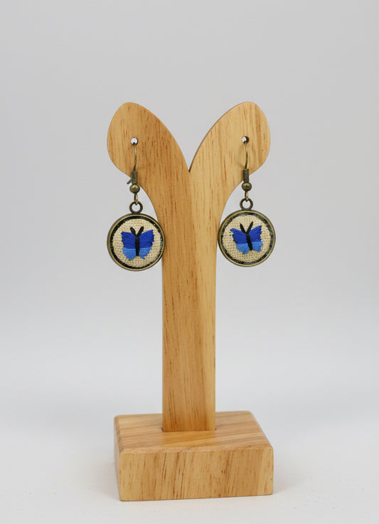 Embroidered Blue Butterfly Bronze Earrings