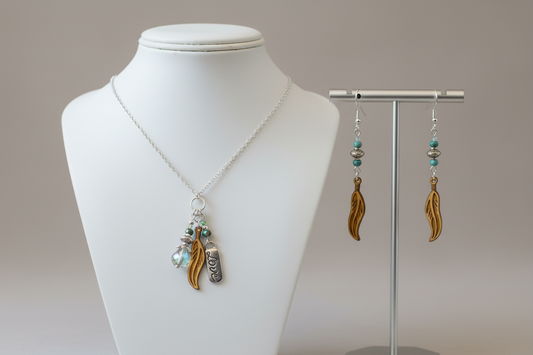 Wood Feather Necklace & Earrings Set