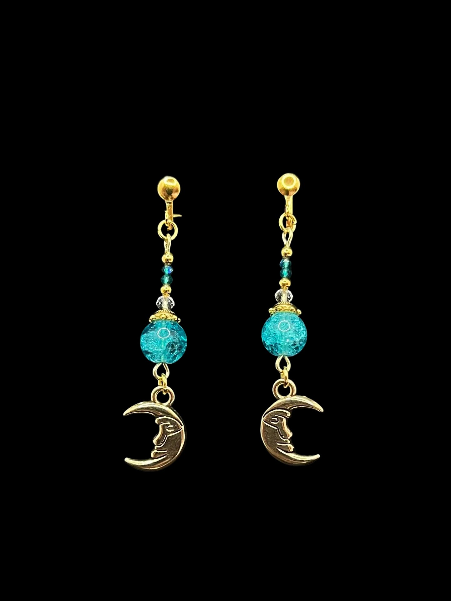Aqua Blue & Gold Crescent Moon Clip-on Earrings