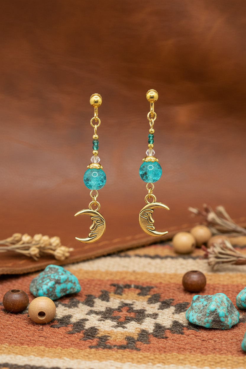 Aqua Blue & Gold Crescent Moon Clip-on Earrings