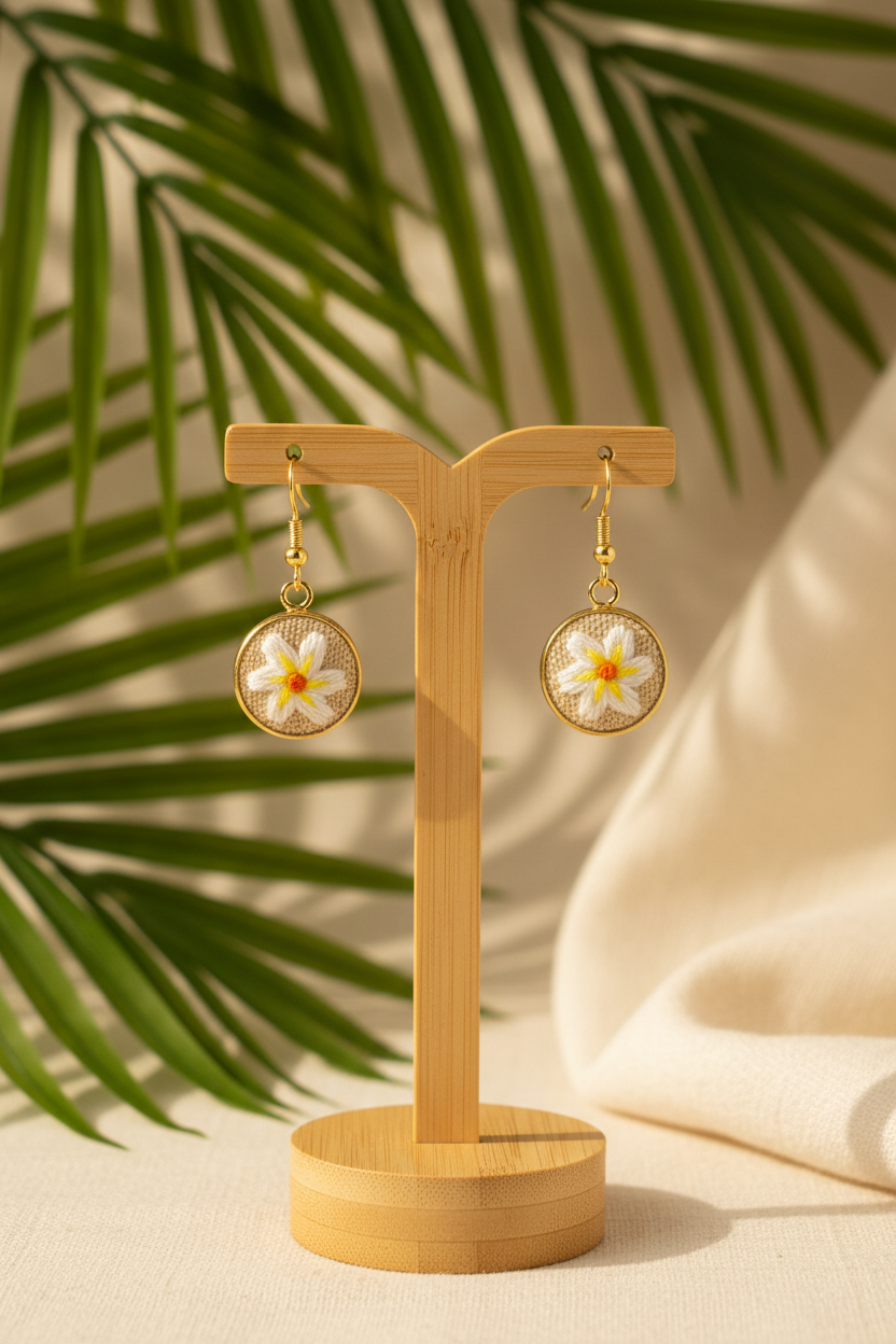 Embroidered White Plumeria Earrings
