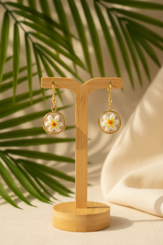 Embroidered White Plumeria Earrings