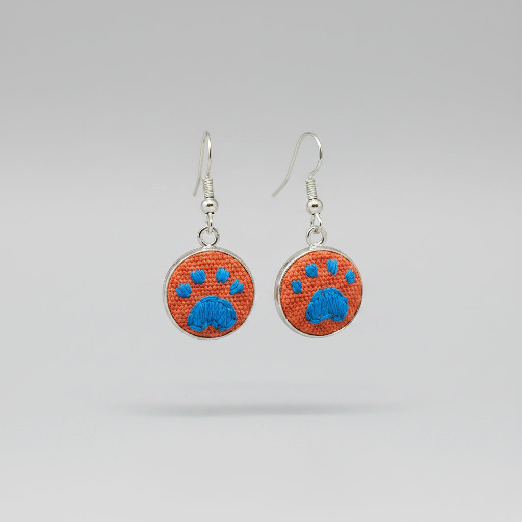 Embroidered Paw Print Silver Earrings