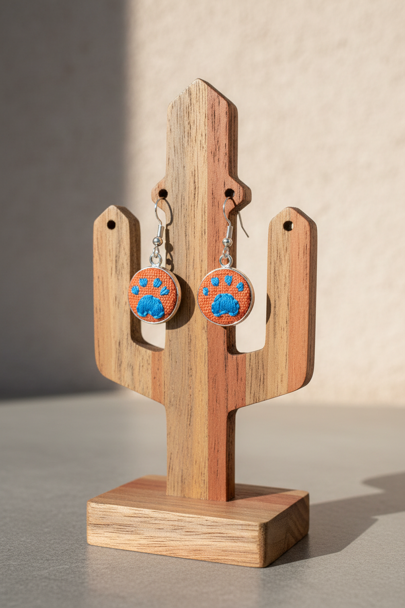 Embroidered Paw Print Silver Earrings