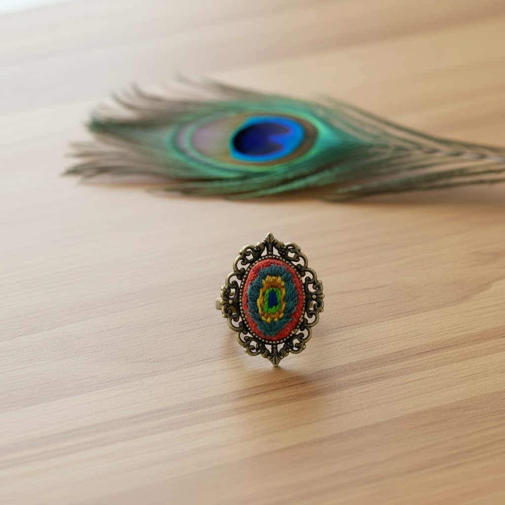 Embroidered Peacock Ring (Adjustable)