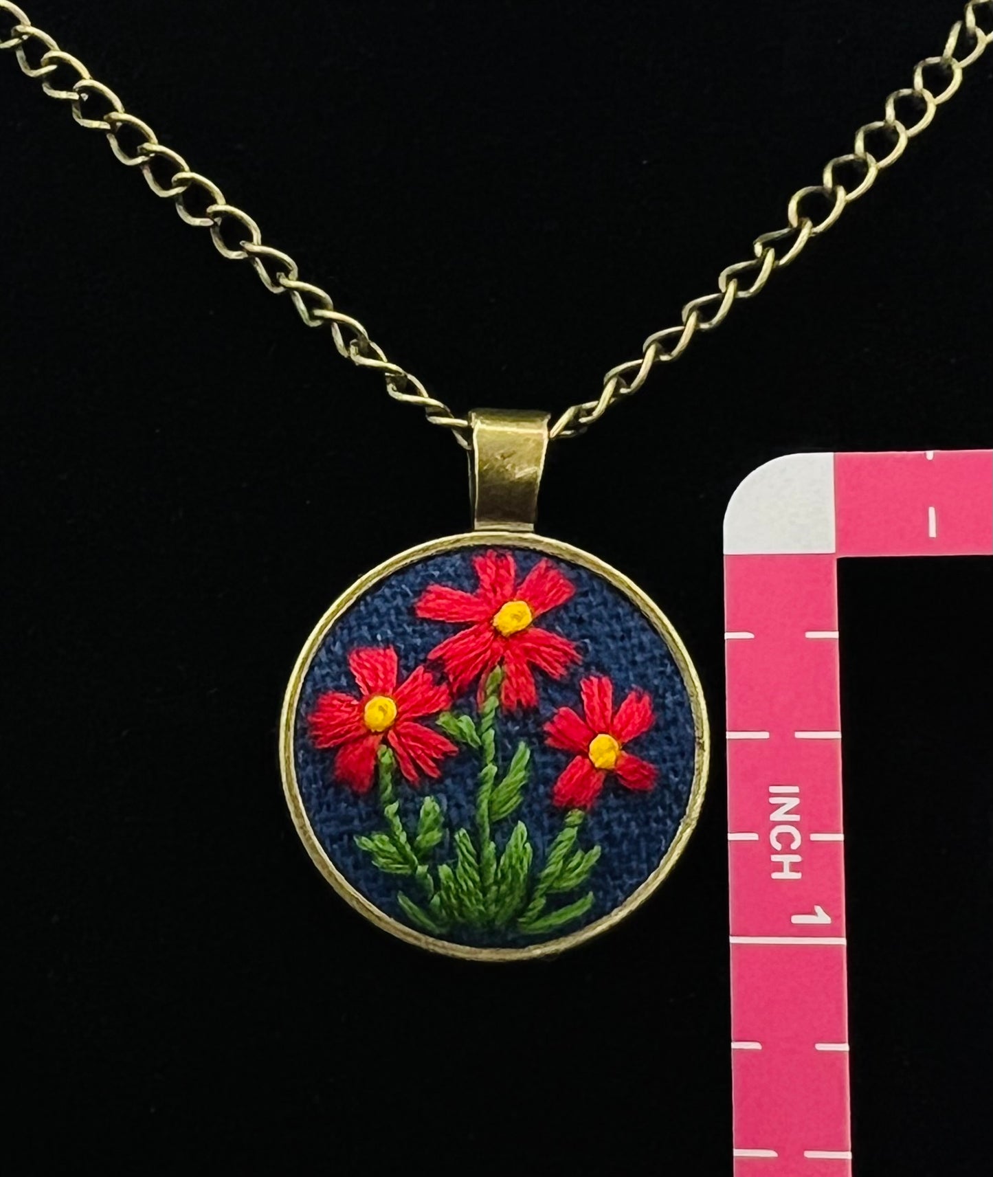 Red Flower Embroidered Bronze Pendant