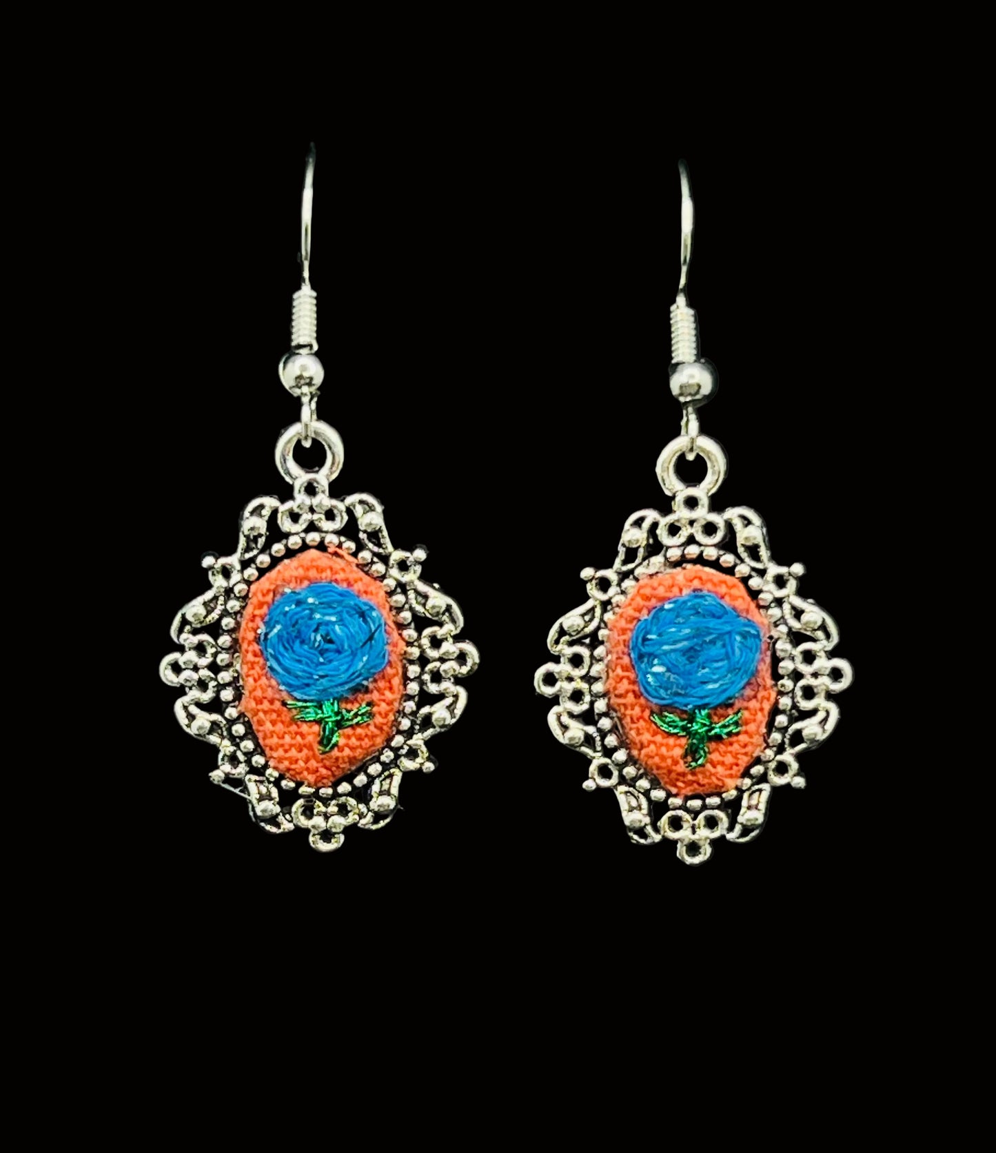 Embroidered Blue Flower Earrings