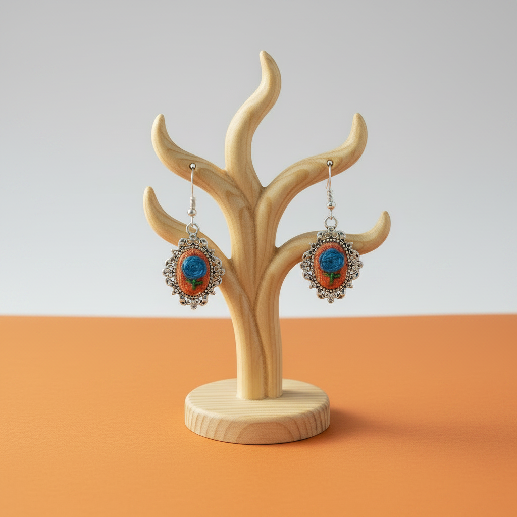 Embroidered Blue Flower Earrings