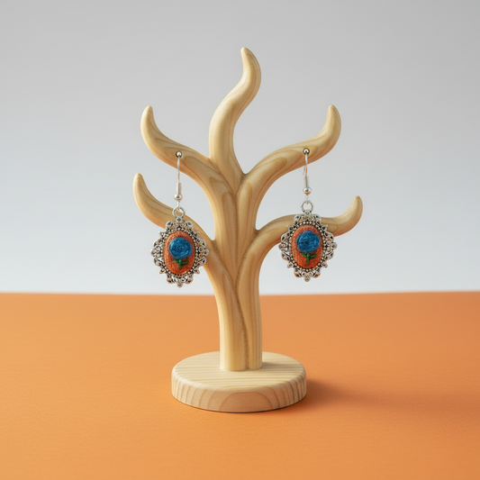 Embroidered Blue Flower Earrings